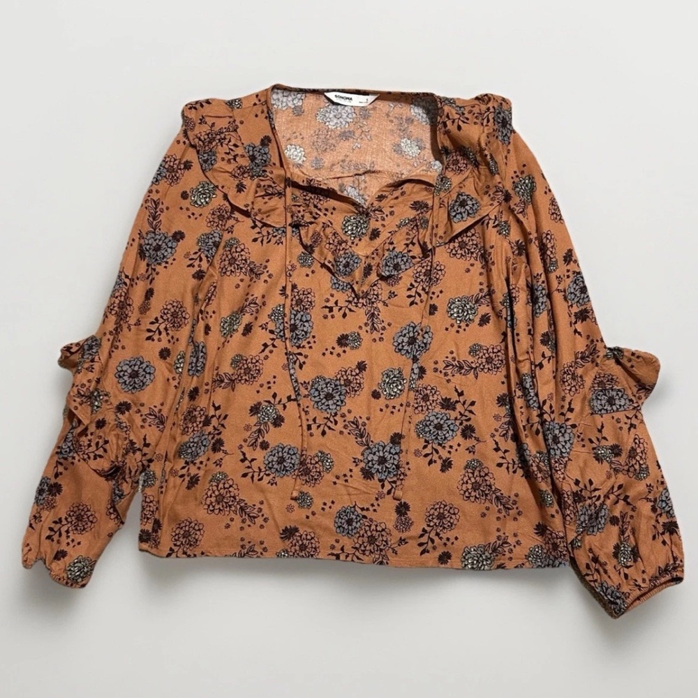 Sonoma Brown Floral Peasant Blouse Ruffle Details‎ Boho Long Sleeve Size Small